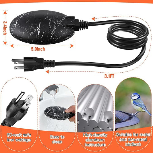 1 Pack Upgrade Bird Bath Heater for Outdoors in Winter, Pond Deicer 60 Watts Birdbath Deicer Water Heater Thermostatically Controlled with Auto Shut off Function for Patio Lawn (Marble Black)