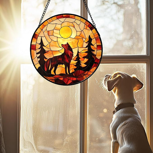 CHATYOUNG Stained Glass Window Hanging Orange Night Moon Wolf Trees 7.8" - Suncatcher Door Garden Sunroom Sun Catcher Home Decor Birthday Christmas for Mom Men Woman Nana Friend