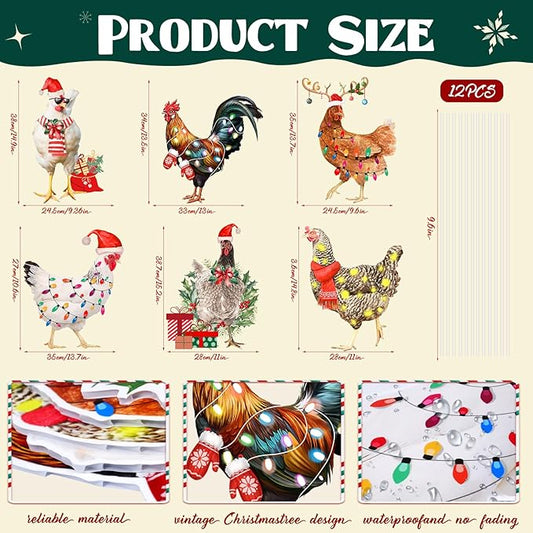 6 PCS Christmas Chicken Decorations Christmas Chicken Yard Sign with Stakes Waterproof Xmas Outdoor Yard Signs Lawn Decor for Holiday Garden Patio