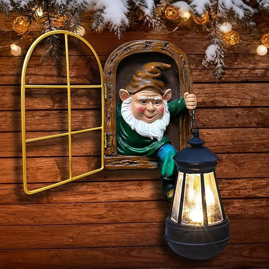 Garden Gnomes Statues with Solar Lantern Christmas Decorations, Outdoor Tree Hugger Gnome Decor Statue, Tree Face Figurines for Fence Wall Yard Home Birthday Gifts for Mum, Women