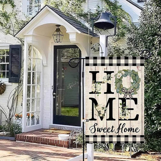 ORTIGIA Home Sweet Home Magnolia Garden Flag Double Sided 12.5x18 Inch Spring Summer Buffalo Plaid Check Small Yard Flag Burlap Vertical Farmhouse Rustic Outside Outdoor Lawn Patio Decor