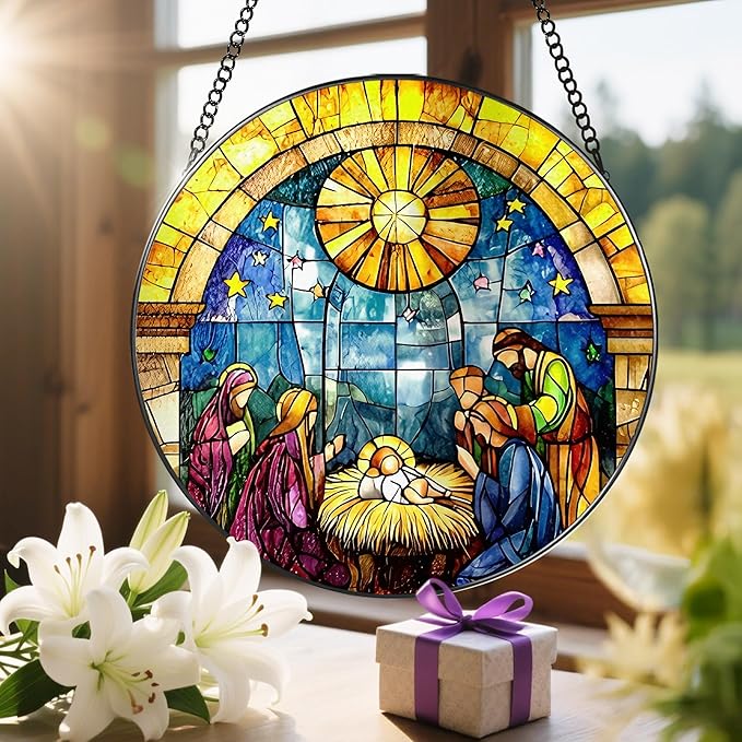 8'' Stained Glass Window Hanging, Nativity Scene Ornament, Christian Christmas Ornament, Holy Family Decoration, Religious Decor, Gift for Christmas, Religious Gifts, Christian Gifts