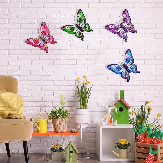 Pipilily 4 Pieces Metal Butterfly Wall Art Decor, Outdoor Indoor Fence Metal Wall Sculptures, Hanging Decoration for Garden Yard Living Room Bedroom Patio Balcony (Color Set 2)