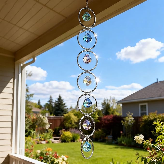 7 Chakra Crystal Suncatcher Pendant Strand with 7 Colored 2Inch Crystal Balls and Gold Loops for ndoor Outdoor Home Garden Decor Birthday Gift