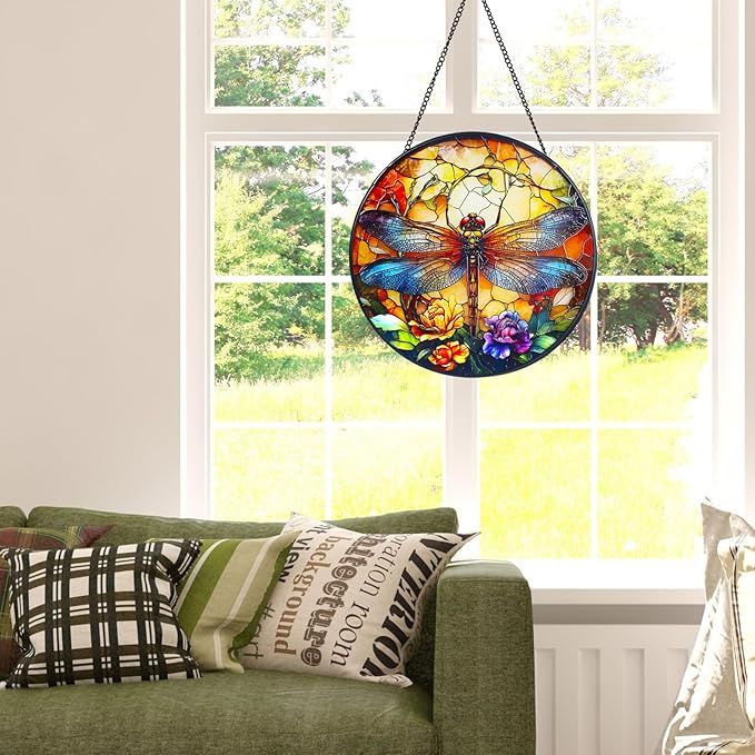 Dragonfly Stained Glass Window Hanging Suncatcher with Chain - 7.9" Outdoor/Indoor Art Decor for Home Garden, Wedding, Mother's, Dad's, Valentine's, Birthday, & Christmas Ornaments Present