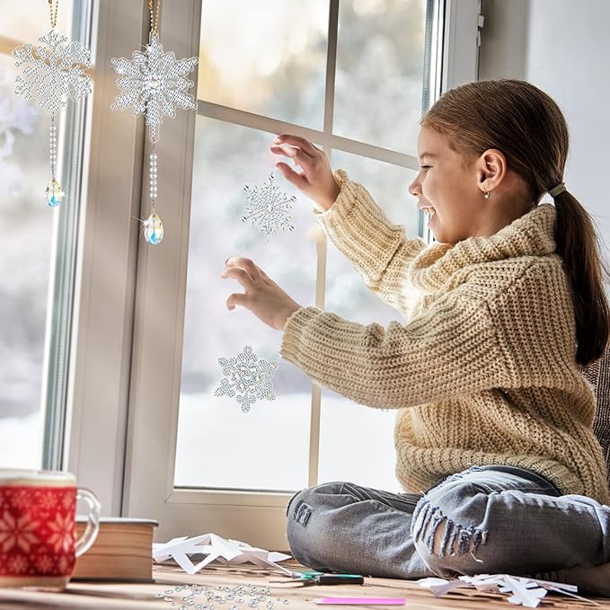 4 Pcs 5D 9.7x3 inch Christmas Diamond Painting Kits DIY Point Drill Diamond Painting Wind Crystal Wind Chimes Double Snowflake Ornaments with Crystal Pendant for Home Garden Hanging Decor(White)