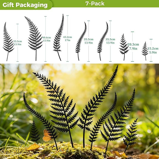 KODIBO 7-Pack Garden Stakes, Black Metal Fern Leaf for Indoor & Outdoor Potted Plants, Metal Flowers for Outside, Decorative Outdoor Statues, Minimalist Garden Decorations Yard Ornaments Spring Decor