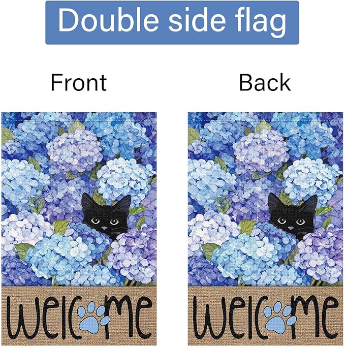 Louise Maelys Spring Summer Garden Flag Black Cat Hydrangea Flower Welcome Double Sided 28x40 Inch Floral Paw Print Seasonal Large Burlap Holiday Yard Outdoor Outside House Decor