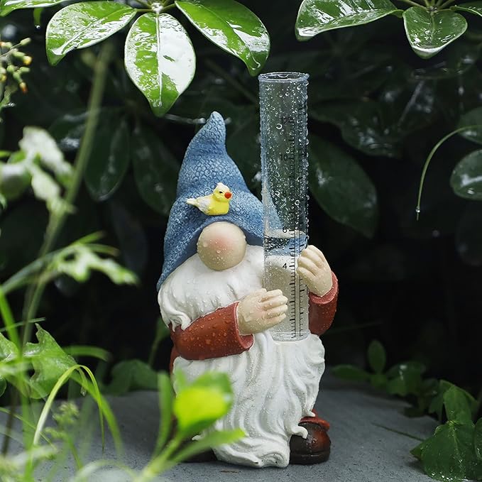 FORUP Resin Gnome Rain Gauge, Hand Painted Gnome Statue with Plastic Rain Gauge