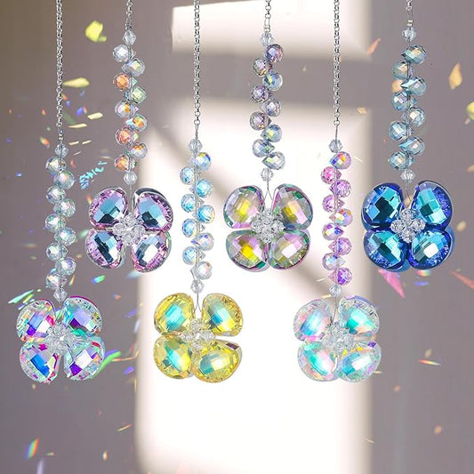 6pcs Crystal Suncatchers Four Leaf Clover Hanging Ornaments, Rainbow Maker Sun Catchers Indoor Window Outdoor Patio Garden Decor Gifts
