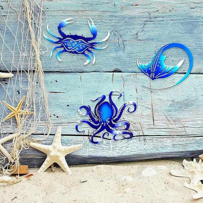 Weibefee Metal Wall Art Decor Octopus Crab Manta Ray Coastal Nautical Ocean Mother's Day Decor Concise 9'' Set of 3 Hanging Mother's Day Decorations Gift for Bathroom Beach Indoor Outdoor Pool Home Bedroom Living Room Blue