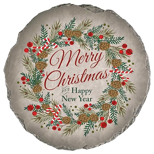 Magnolia Garden 10-Inch Merry Christmas Decorative Stepping Stone – Holiday Wreath Resin Garden Walkway Tile – Festive Pine & Candy Cane Outdoor Accent Winter Seasonal Yard Decoration & Hostess Gift