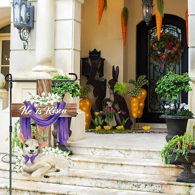 He is Risen Easter Decorations Cross Garden Banner Double-Sided Printed Flag Sheep Yard Flags Bunting Outdoor House Yard Rise Christian Jesus Lily Flowers Spring Seasonal Decoration