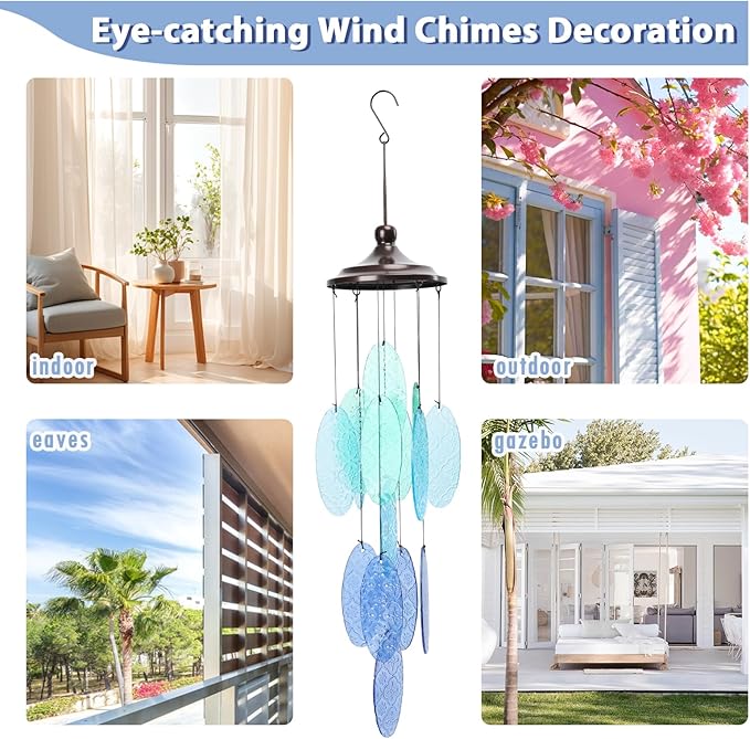 MUMTOP Wind Chimes for Outside, Stained Glass Wind Chime Windchimes for Patio, Outdoor,Garden,Yard,Coastal,Window,Home Decor or Gifts for Women
