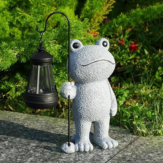 PAETAE Garden Statue Frog Outdoor Decor, Solar Patio Garden Sculptures & Statues, Resin Decor Gift for Women, Mom, Grandma, Stone