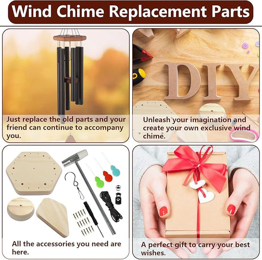 Wind Chime Kit 28 PCS Wind Chime Replacement Parts Including Hexagon Top, Clapper, Wind Catcher, 19.6FT Nylon Cord, DIY Wood Windchime Supplies (Wood)