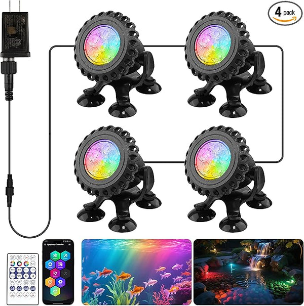 T-SUN Underwater LED Pond Lights – IP68 Waterproof Submersible Fountain Lights with App & Remote Control, 16M Colors Underwater Lighting for Koi Ponds/Garden Water Features Aquarium (4-Pack)