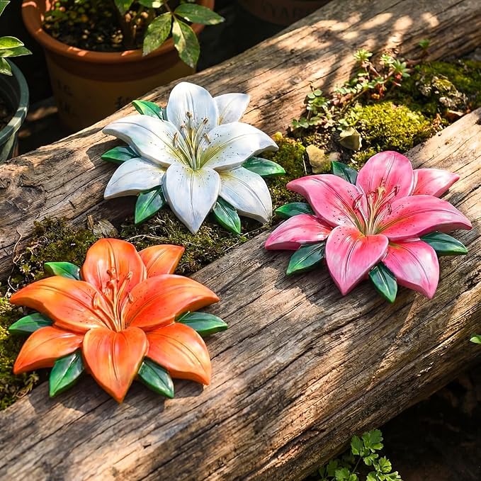 Cinnvoice 3 Pack Garden Stepping Stone Outdoor, Decorative Dimensional Resin Stepping Stones for Patio Pathway Landscaping Walkway Sculpture Yard Backyard Lawn(Lily,10 Inches)
