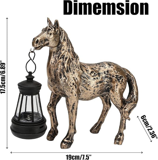 Horse Garden Statue with Lantern 7.5x6.8 inch, Solar Lighted Outdoor Figurine Sculpture for Yard Lawn Patio Farmhouse, Whimsical Home Decor, Gift for Housewarming Birthday Christmas (Bronze Color)