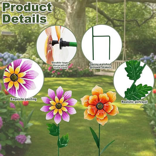 Metal Retro Flower Wind Spinner Art, Guangxie Yard Decorations Outdoor - 2 Pack for Outdoor, Patio, Backyard and Flower Bed Spring Decor (Orange & Purple)