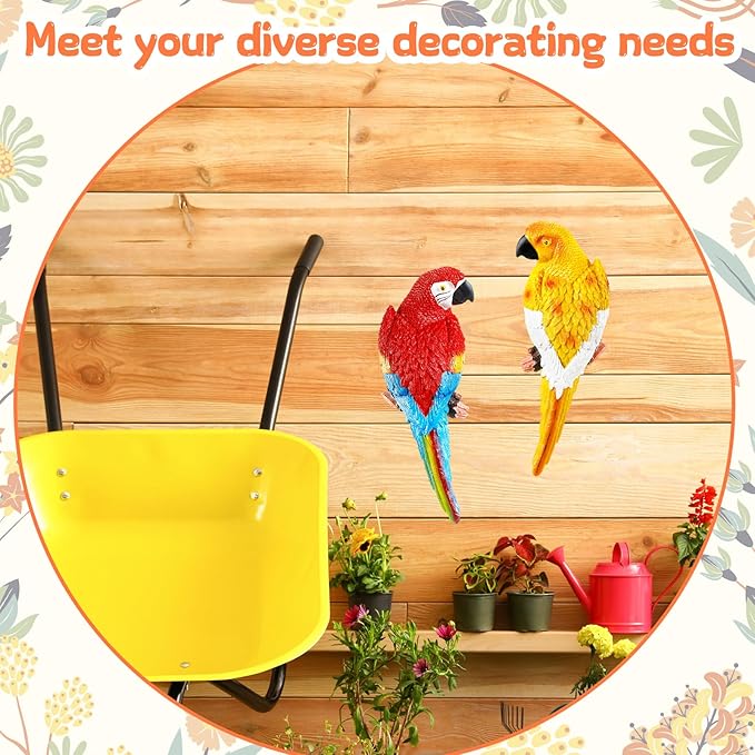 Jetec Parrot Decor Outdoor Tiki Bar Decor Large Realistic Parrot Statues Outside Lifelike Bird Sculptures Garden Patio Yard Lawn Figurines for Tropical Animal Tree Wall (2 Pcs,Red,Yellow)