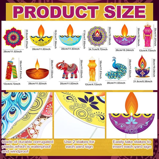 Amyhill 12 Pcs Happy Diwali Yard Sign Lawn Decor Lights Festival Party Signs Waterproof Happy Diwali Yard Outdoor Decorations with Stakes for Indian Lights Holiday Party Lawn Ornaments Decorations