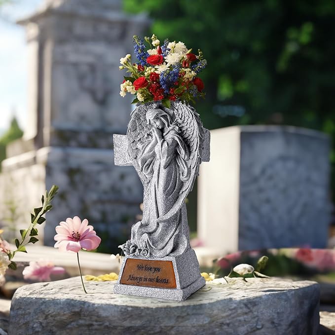 JFHEDY Angel Garden Statue Outdoor Decor, Grave Decorations for Cemetery, Solar Angel Garden Figurines Gifts for Mom Grandma or Cemetery Decorations for Grave Garden Memorial Stones
