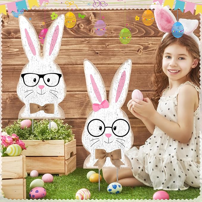 2 Pcs Easter/Spring Outdoor Decorations 16 Inch Easter Yard Signs Metal Pastel Gnome/Rustic Bunny/Lavender Garden Stakes for Home Outside Pathway Lawn Backyard Patio Farmhouse Party Decor(Rabbit)