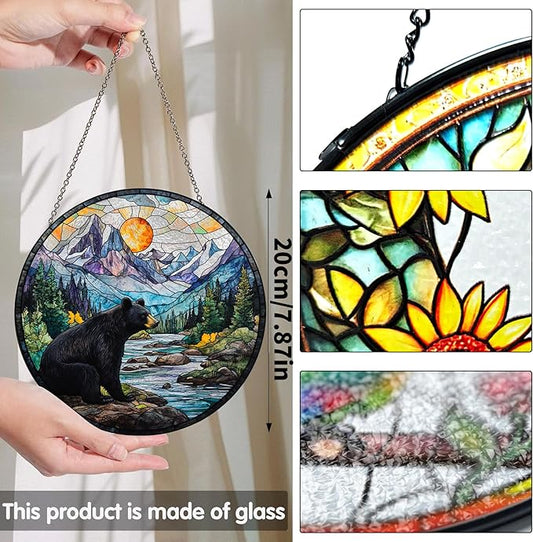 Bimkole Bear Stained Glass Suncatcher Window Hanging - Animal Tree Indoor Window or Doorway Decoration - Handmade Sun Catcher Decor for Garden Home Christmas & Birthday Gifts 7.87x7.87 inch