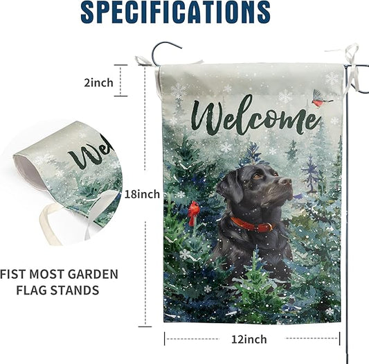 Welcome Winter Garden Flags Black Lab Garden Flag Cardinal Birds on Snowy Pine Tree Flag Labrador Dog Yard Flags for Outside 12x18 Double Sided Christmas Decorative Lawn Flags