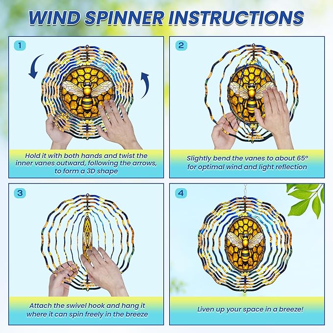 FLAGWIX Bee Wind Spinners Outdoor - 3D Stainless Steel Metal Wind Spinners 12 in - Bee Gifts Decorations for Home, House Outdoor Garden Decor for Outside, Garden Gifts for Women