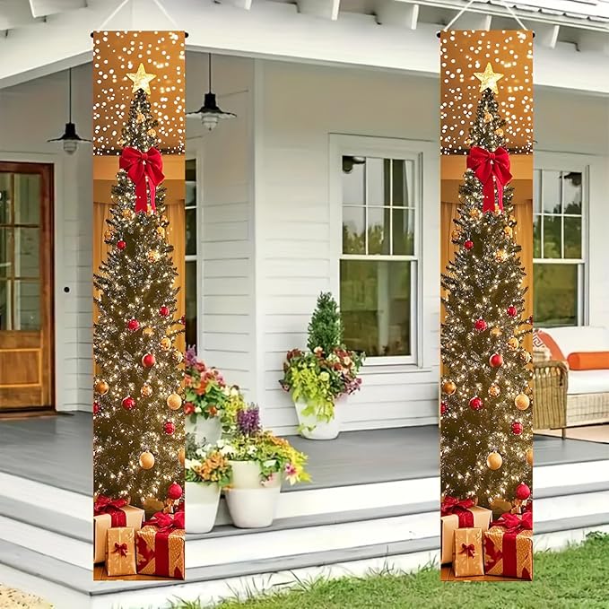BlissYard Christmas Tree Long Vertical Banner Outdoor Front Porch Hanging Decor 12x71 Inch Xmas Tree Sparkling Ornaments Lights Star Festive Indoor Outdoor Xmas Decor Wall Front Door Yard Garage