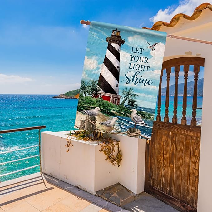 Dyrenson Let Your Light Shine Summer Lighthouse Beach Coastal Decorative House Flag, Ocean Beach Garden Yard Outside Decorations Outdoor Large Decor 28x40