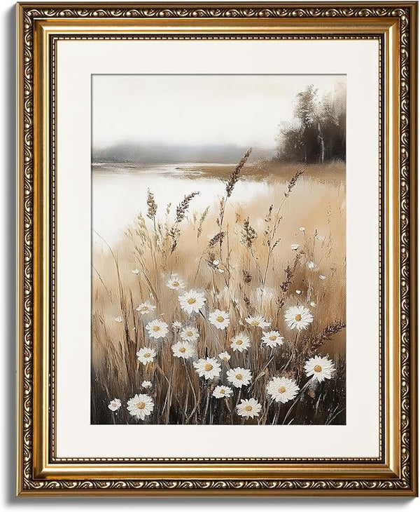 ARPEOTCY Vintage Gold Framed Wall Art, Wildflower Field Paintings, Floral Canvas Prints Artwork with Antique Frame, Victorian Wall Picture Decor for Room Gallery Living Room, 13x16 inch