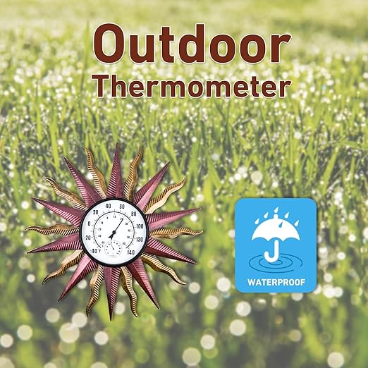 27“ Sun Outdoor Thermometer, Large Metal Thermometer Outdoor Waterproof, Decorative Outdoor Thermometers for Patio, Outside Thermometer with Humidity(Gold)