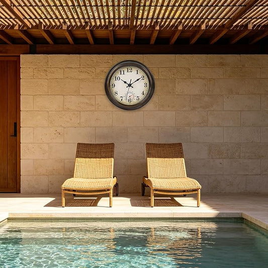 Outdoor Clocks Waterproof with Thermometer Combo Vintage Rustic Wall Clock for Patio Pool Bathroom Kitchen(8 Inch,Bronze)