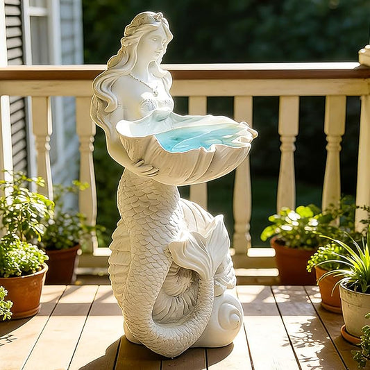 Teaeeno Outdoor Mermaid Decor Garden Statues with Solar Lights,Art Mermaid Figurine,Mermaid Decor for Home,Solar Lawn Ornament,Animal Solar Outdoor (White)