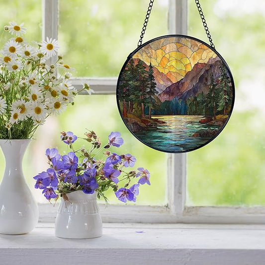 Mountain Sunset Suncatcher Stained Glass Window Hanging, Nature Mountain Landscape Sun Catchers Indoor Window Glass Wall Art Decor, Nature Wall Hanging Decor, 7.9x7.9 Inch 044-MH-BLGH