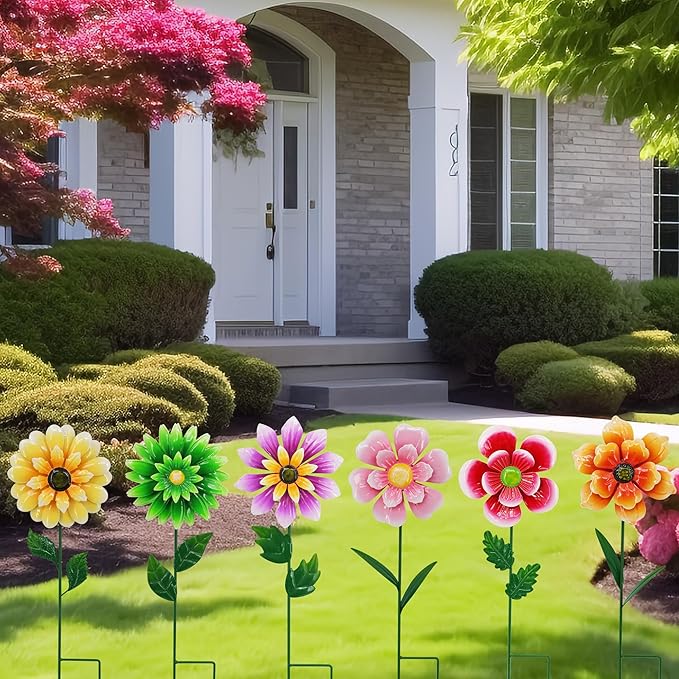 6 Pack Metal Flower Wind Spinners, Colorful Small Garden Stakes Yard Art, Decorative Floral Pinwheels Lawn Ornaments for Outdoor, Patio, Backyard, Flower Bed and Spring Decor (6 Vibrant Colors)