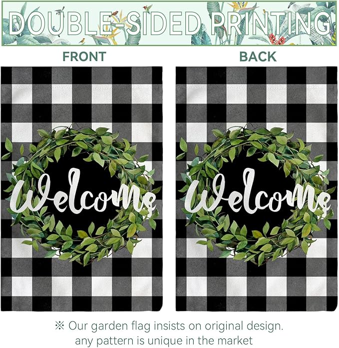 Welcome Leaves Wreath Garden Flags 12x18 Double Sided Summer Black White Buffalo Plaid Rustic Yard Flags Spring Seasonal Garden Flag Burlap Outdoor Lawn Decor