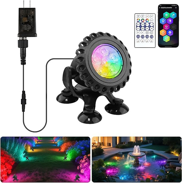 T-SUN Colored Pond Lights with Timer,LED Underwater Pond Light Submersible Fountain Lights for Fish Tank Landscape Spotlight-Smart APP & Remote Control,IP68 Waterproof,Aquarium,Yard (1 Heads)