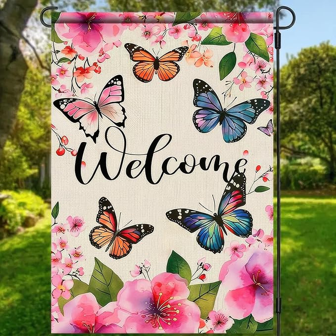 BlissYard Welcome Spring Garden Flag Butterfly Flower Decoration Yard Flag 12x18 Double Sided Seasonal Farmhouse Yard Outdoor Decoration Outside House Spring Small Yard Flag