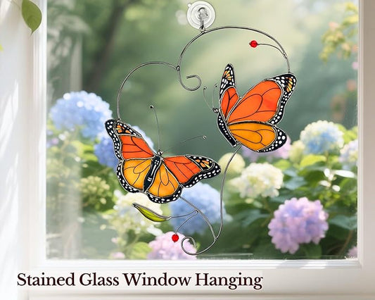Monarch Butterfly Gifts for Grandma & Mom, Butterflies Suncatcher Stained Glass Window Hanging, Real Handmade Sun Catcher Indoor Window, Decorations in Garden Decor Ornament for Mother
