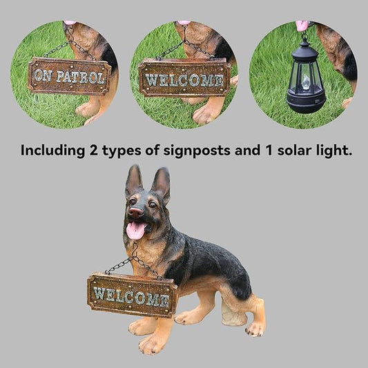 German Shepherd Garden Statue with Solar Lantern, Realistic Dog Sculpture for Yard Art, Birthday Gift for Women Mom Grandma, Housewarming Gift for New Home, Outdoor Resin Puppy Figurine