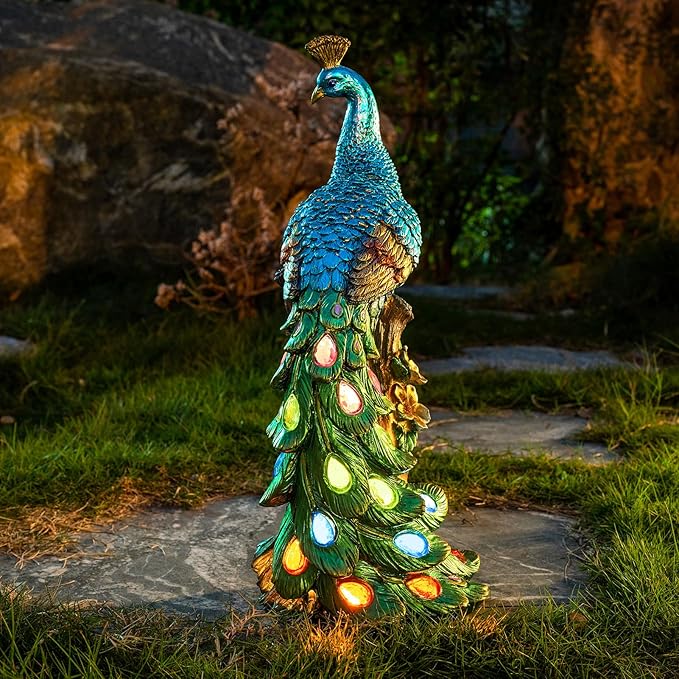 Solar Peacock Statues Garden Outdoor Decor Porch Patio Lawn Yard Art Decorations Peacock Sculpture with LED Lights Birthday Housewarming Christmas Gardening Gifts for Mom Women