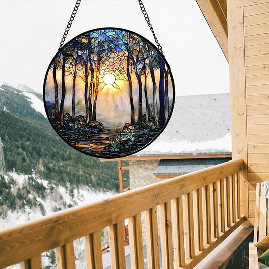 DASTOLL Stained Glass Window Hanging, Forest Sunrise Smoke Blue Brown Tree Suncatcher for Doors Window Home Landscape Sun Catchers Decor Mother's Day Birthday Gifts for Women, Men Mom 7.8 in
