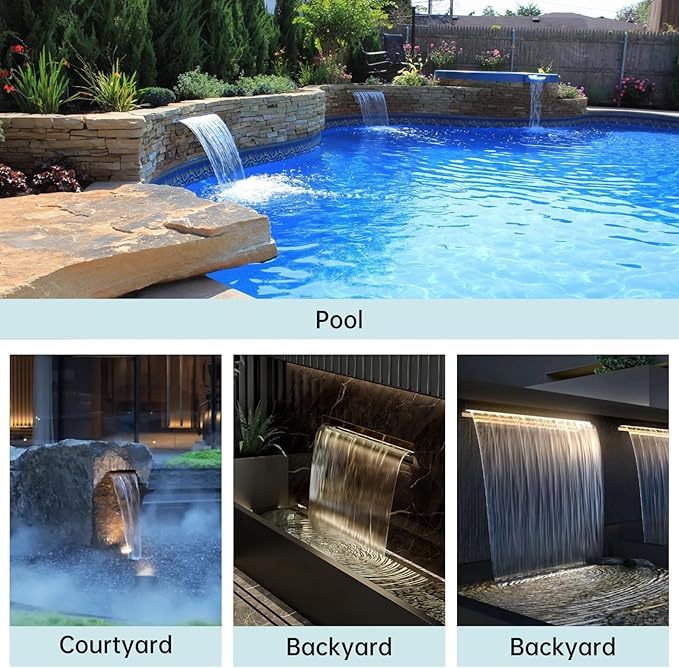 Waterfall Spillway Stainless Steel Pond Waterfalls with Color Changing LED Light, Outdoor Pool Fountain Water Feature Kit for Garden Patio Swimming Pool Koi Ponds Decor-12"x8"x4"