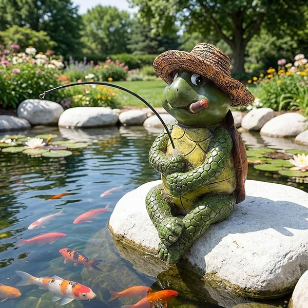 9.5" Turtle Fishing Sculptures & Statues, Whimsical Yard Art, Funny Pond Fisherman, Cute Outdoor Ornament, Unique Gift for Turtle Fishing Lovers