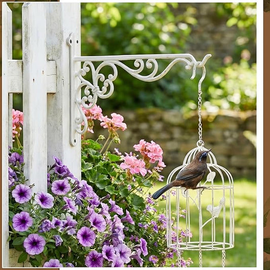 Landhoow 2 Pcs 15.6" Large Cast Iron Hanging Outdoor Wall Hanger White Heavy Duty Basket Hook Braces Vintage Decorative Shelf Garden Planter Flower Hook for Pot Lantern Wind Chime Hummingbird Feeder