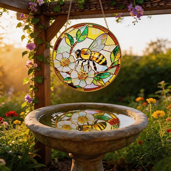 LITIVY Stained Glass Window Hanging, Spring Bees & White Dog Rose Suncatcher – Mother’s Day Memorial Gift, Handmade Glass Panel 8 Inch, Whimsical Garden Suncatchers & Rainbow Maker for Women